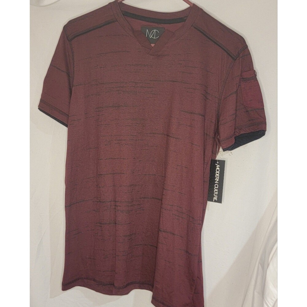 Modern Culture Mens Small Maroon Black Striped Tee Shirt NWT Casual Short Sleeve